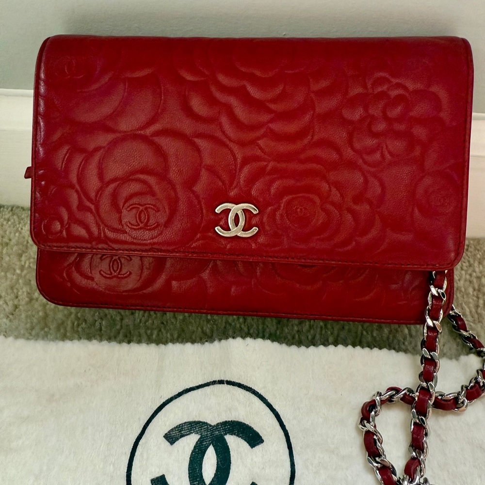Chanel Camelia Wallet On Chain WOC Red Lambskin Leather Silver Hardware